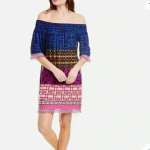 $288 Trina Turk Women's Blue Geo-Printed Off-The-Shoulder Shift small